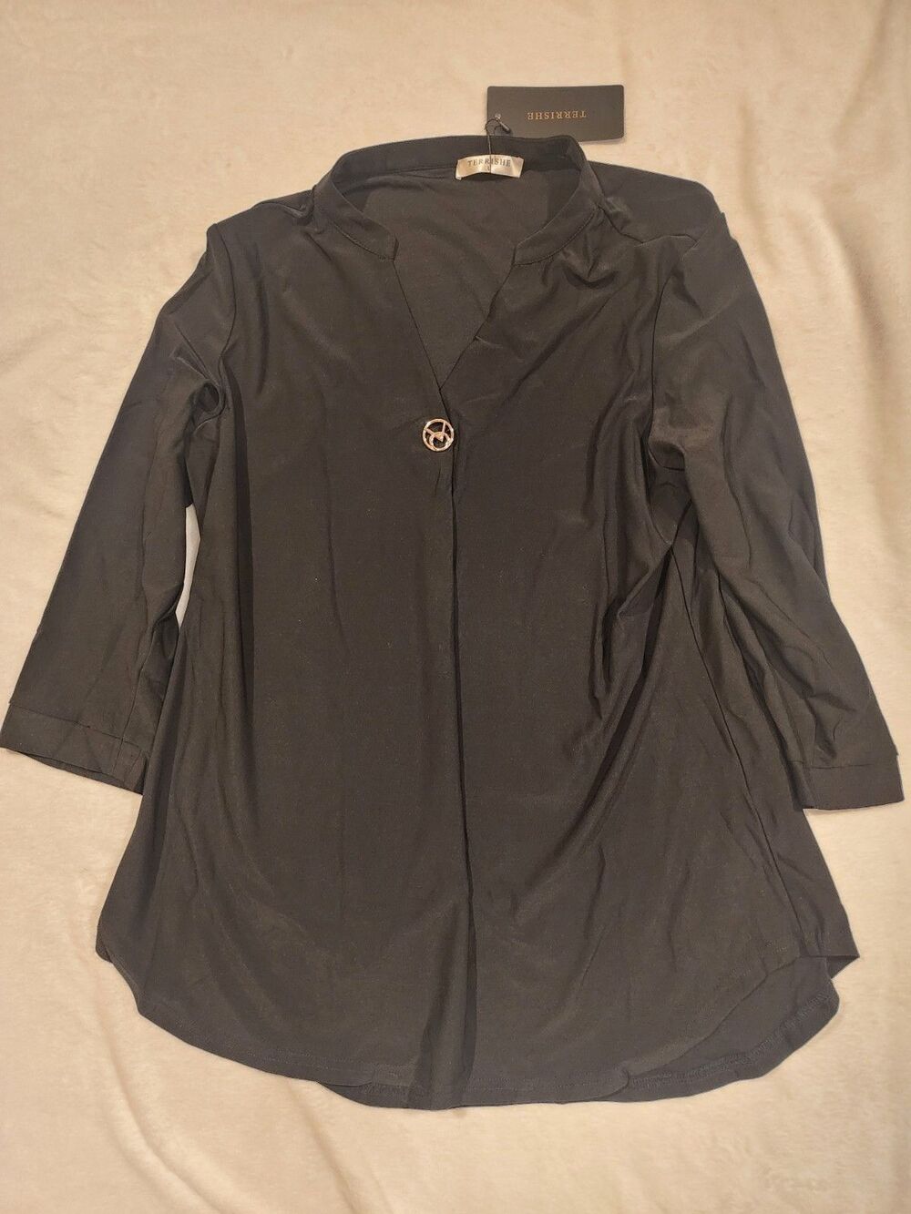 Terrishe Black 3/4 Sleeve V-NECK Blouse Shirt Shell Slipover Loose Tunic L Women